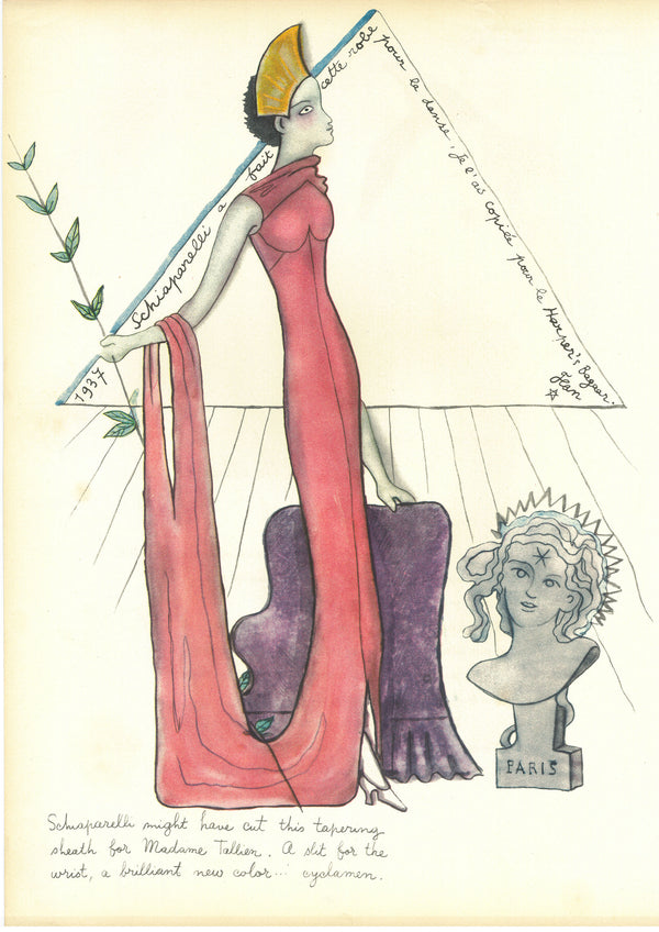 ジャン・コクトーのイラスト、ヴィンテージ広告-ファッション雑誌1937年掲載-Elsa Schiaparelli/Jean Cocteau
